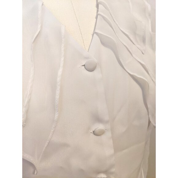 Vintage 80s White Blouse Ruffle Collar Sheer Sleeve Button Up Shoulder Pads Sz L - Picture 5 of 9